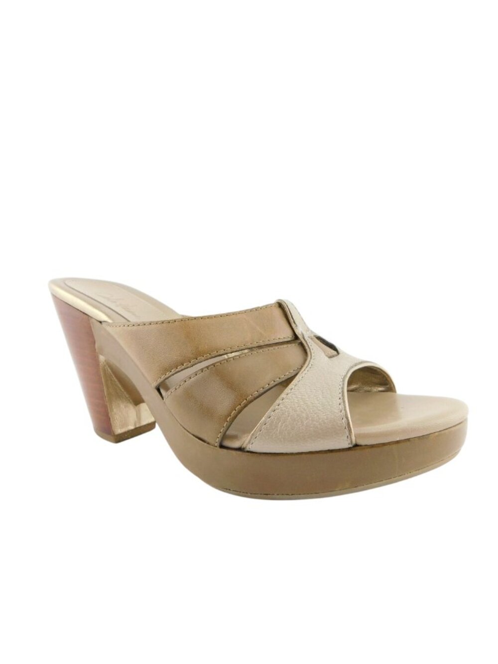 COLE HAAN Taupe & Gold Leather Open Toe Slide Heel Sandals 5.5